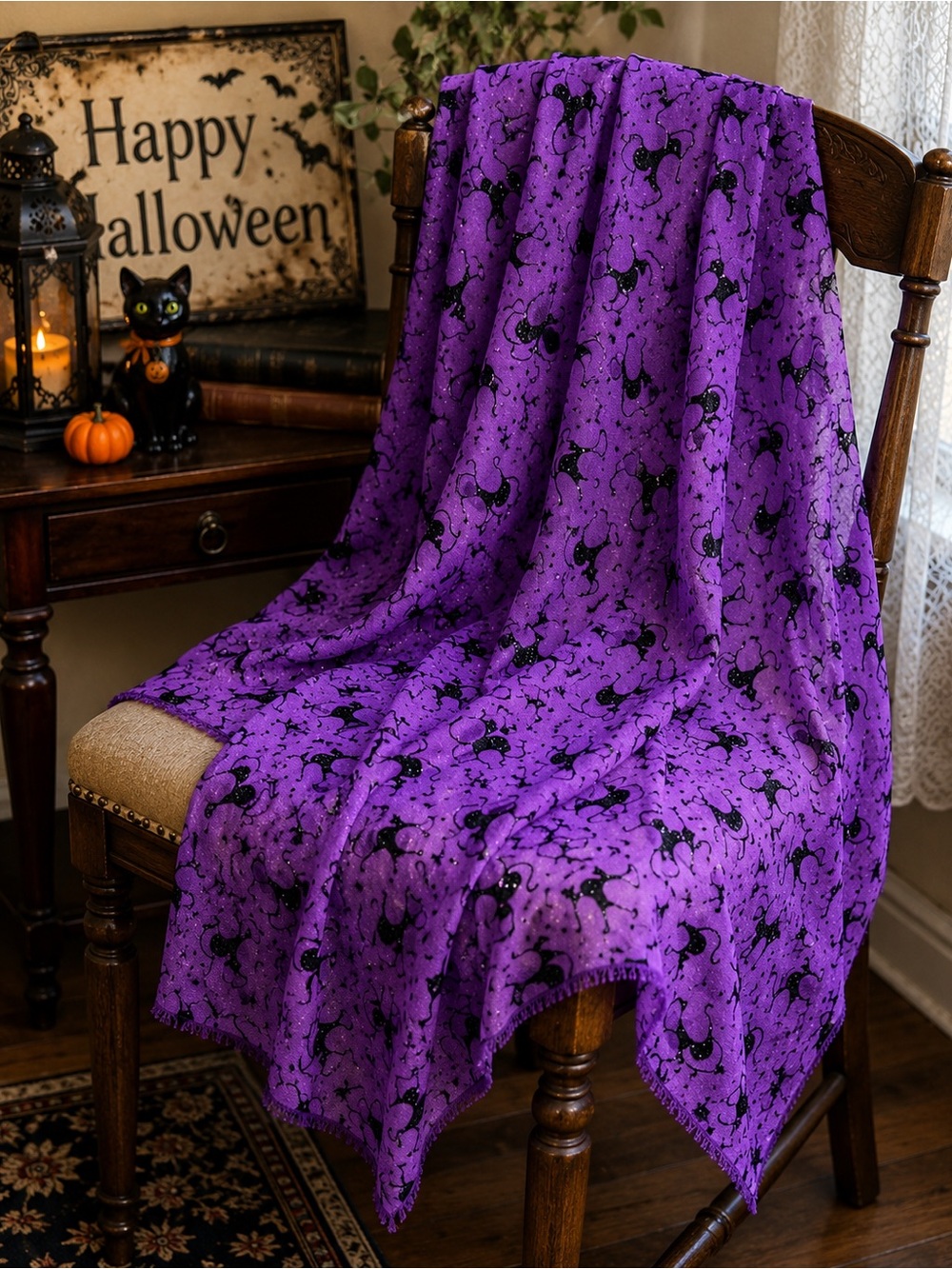 Vintage Halloween Purple Sheer Scaredy Cat Fabric Glitter 56x46 Sewing Craft